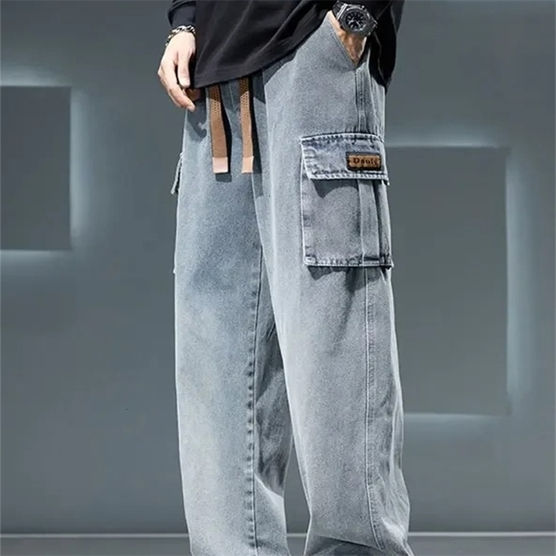 8XL Jeans Wide Leg Washing Pants Men Trousers Neutral Solid Color Loose Casual Korean Fashion Pocket Plus Size Cargo Pant250922ww