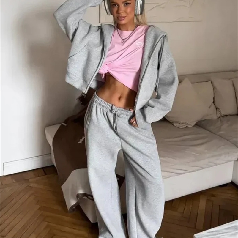 Casual Womens Hoodie Pant Sets Loose Long Sleeve Zipper Lace Up Pants Lady Sets 2025 Autumn Fashion 2 Pieces Set Women 250920