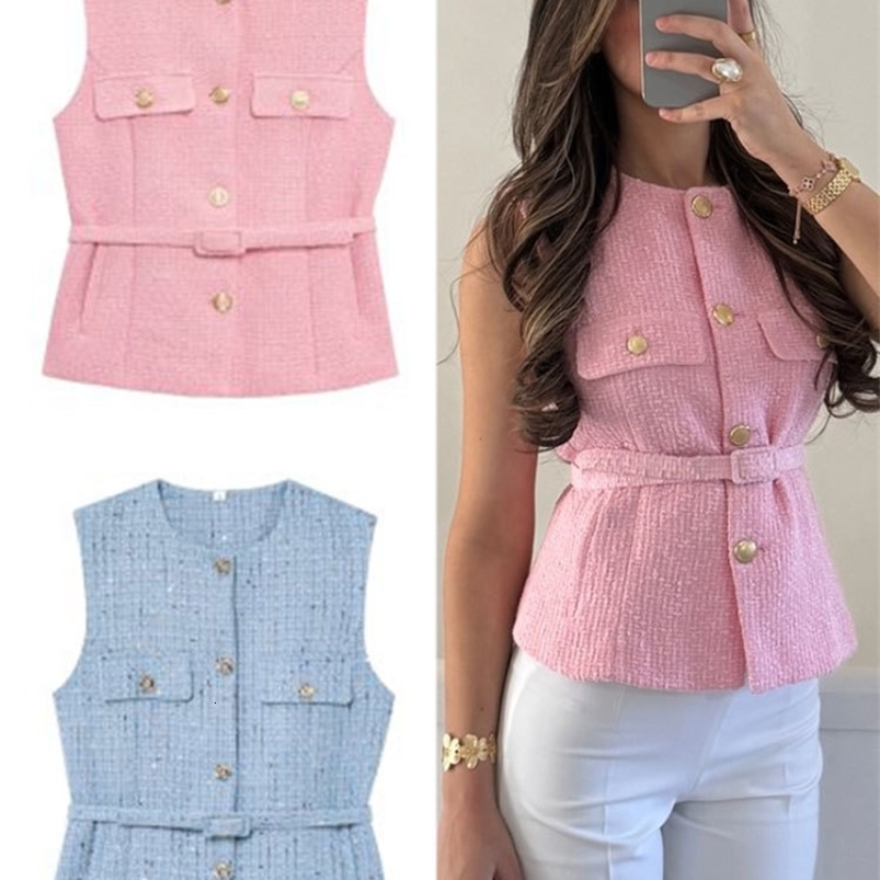 TRAFZA Women Elegant Solid Belt Vests Tops O Neck Metal Button Sleeveless Waistcoat Office Lady Outerwear Casual Blazer Tops250920