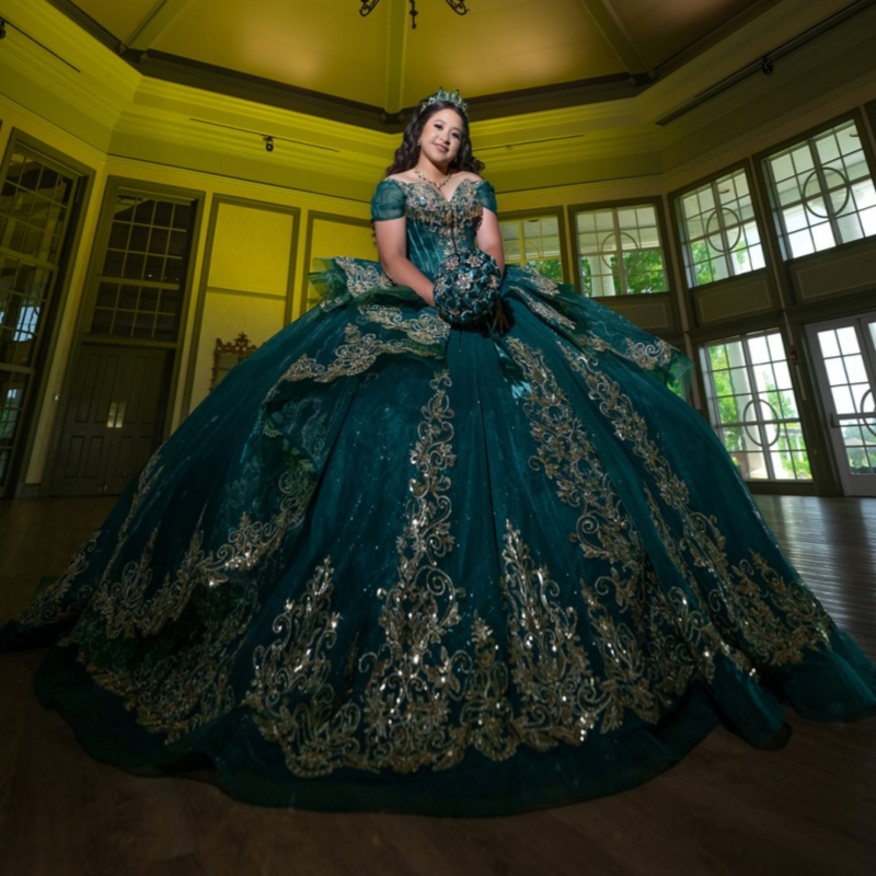 Black Green Shiny Quinceanera Dresses Off The Shoulder Applique Lace Beading Crystal Tull Corset Party Birthday Sweet 16 Dress Vestidos 15 Anos