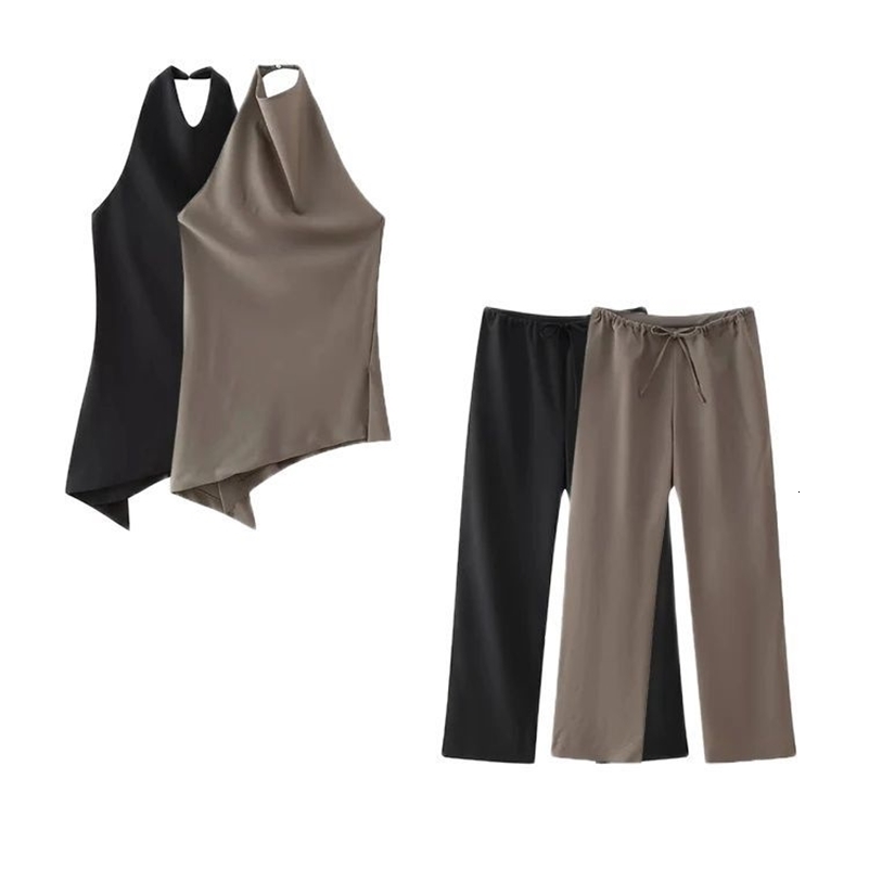 Terrzapleated asymétrique licou licou et pantalon droit pour femmes sets de deux pièces Fashion 250920