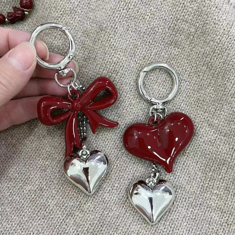 Retro Red Bowknot Heartshaped Pendant Key Chains Y2k Acrylic Bow Keychain Bag Decoration Mobile Phone Straps Free Shippping 250911