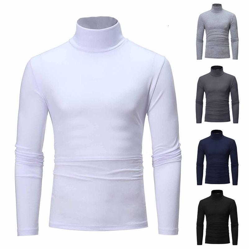 Basic Bottoming Plain Tshirt Fashion Mens Casual Slim Fit Turtleneck High Collar Pullover Male Autumn Spring Thin Tops y250920