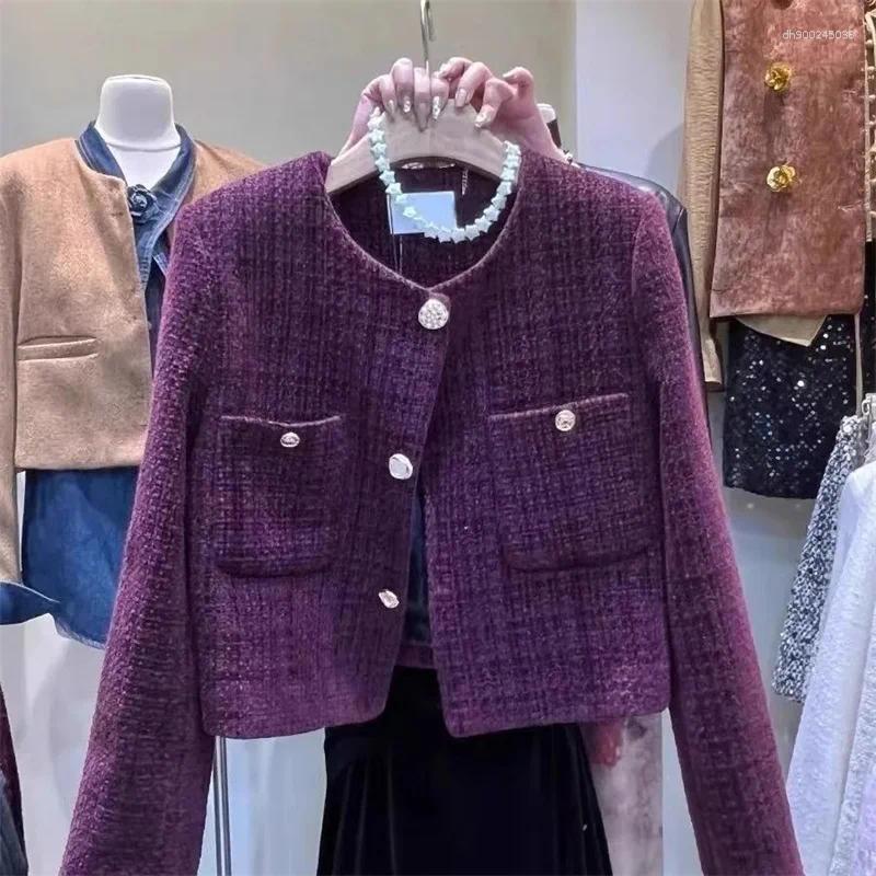 Women's Jackets 2025 Korean Purple Tweed Short Jacket Coarse Woolen Coat Spring Autumn O-neck Single-breasted Streetwear Lady Outerwear