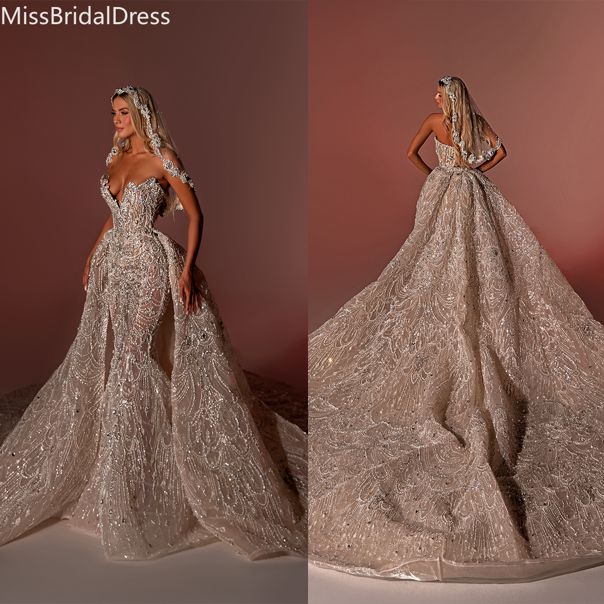 Superbes robes de mariée de sirène V couche en dentelle de dentelle à paillettes sans manches en manches en manchette détachable Train sur mesure