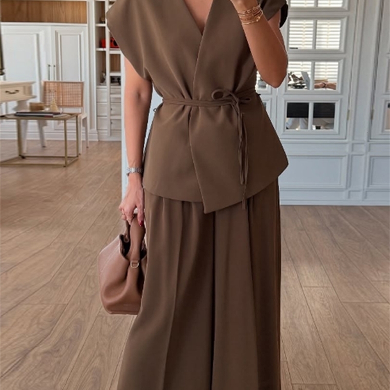 Loose Lace Up Shirts Pants Set Women Solid Vneck Short Sleeve Shirt Pleated Wide Leg Pant Spring Lady Suit Two Pieces Set 250920