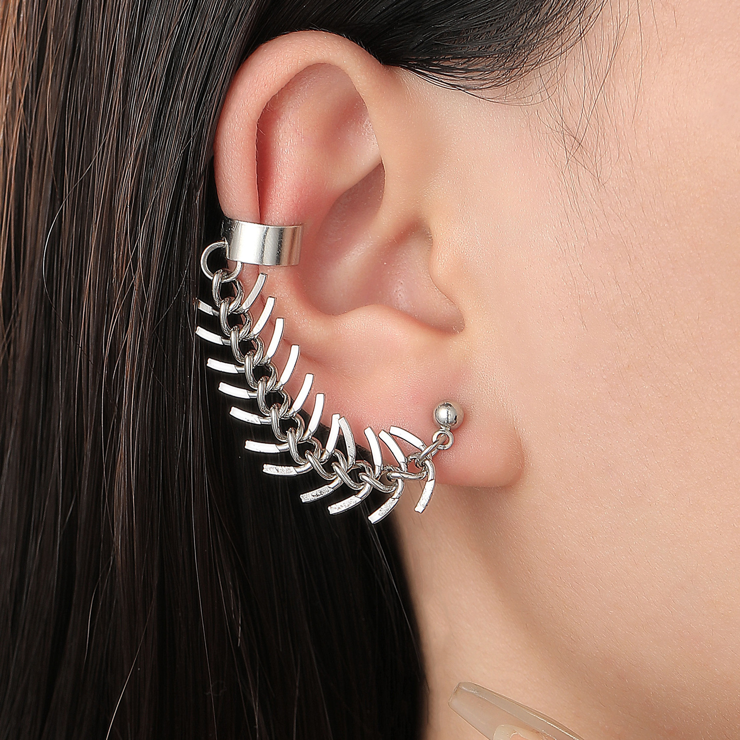 Snake Chain Bracelet Hip Hop Personality Earrings Fish Bone Studs Clips Integrated Ear Cuffs Men's Chain Women's