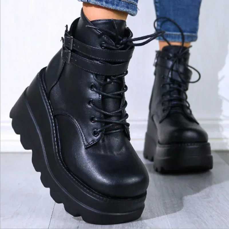 Gothic Black Boots Ankle Shoes on Heels Platform Sneakers Chunky for Women Luxury Designer Casual New Rock Booties W250922