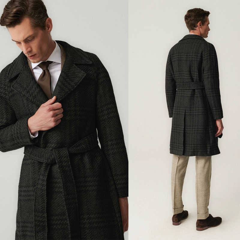 Men's Plaid Wool Blends Trench Long Coat Autumn Winter With Belt Overcoat Lapel Collar Formal Outerwear Business Custom Made