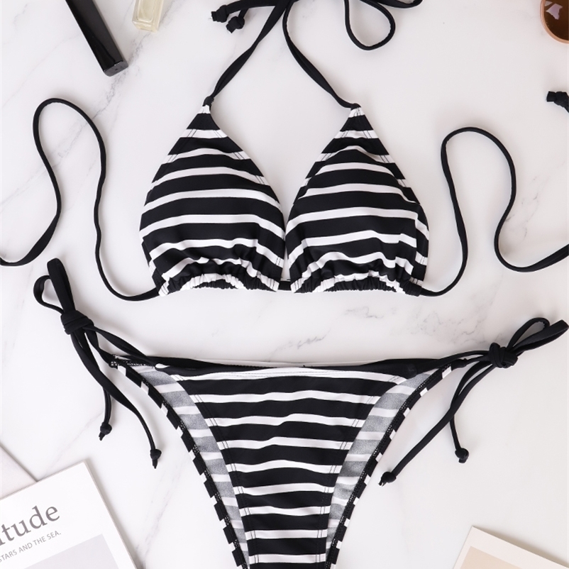 Two Piece Set Triangle Bandage Female Beachwear Summer Sexy Black And White Striped Bikini Swimsuit Beach Womens Style y250920