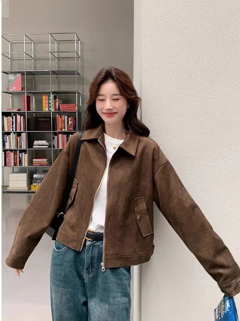 Retro Korean Cropped Suede Jacket Womens SlimFit Spring Fall Long Sleeve Zip Casual Brown Vintage Outerwear Cleanfit250920