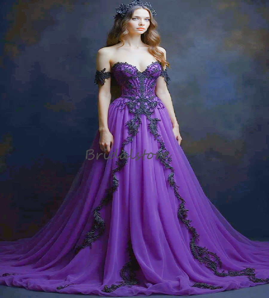 Fantasy Medieval Bright Purple Evening Dress With Black Lace Off Shoulder Tulle Gothic Vestio De Novias Formal Party Gown Halloween Costume Dress Ro