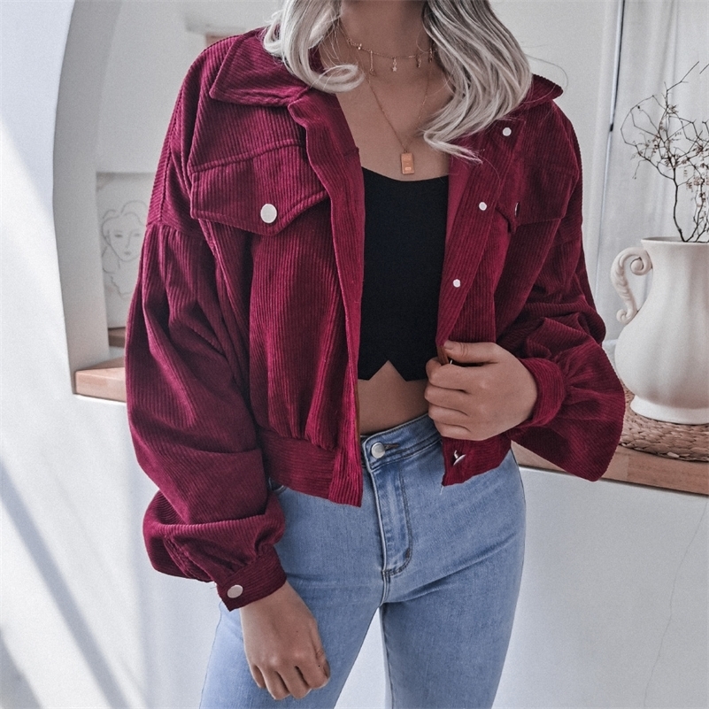 Autumn Winter Corduroy Short Coat Solid TurnDown Collar Lantern Long Sleeve Jacket Single Breasted Women Clothes Casual y250920