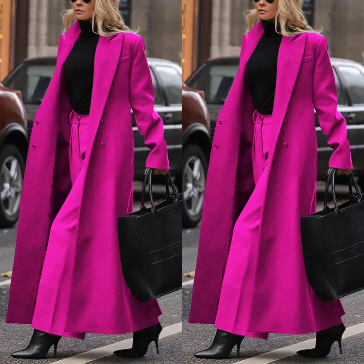 Hot Pink Winter Warm Woolen Women Pants Suits Long Sleeve High Waist Women Blazer 2 Piece Set Office Lady Street Wear