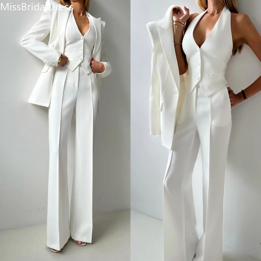 White Women Wedding Pants Suits Slim Fit Ladies Prom Evening Birthday Party Guest Formal Wear Custom Made 3 Pieces 0922