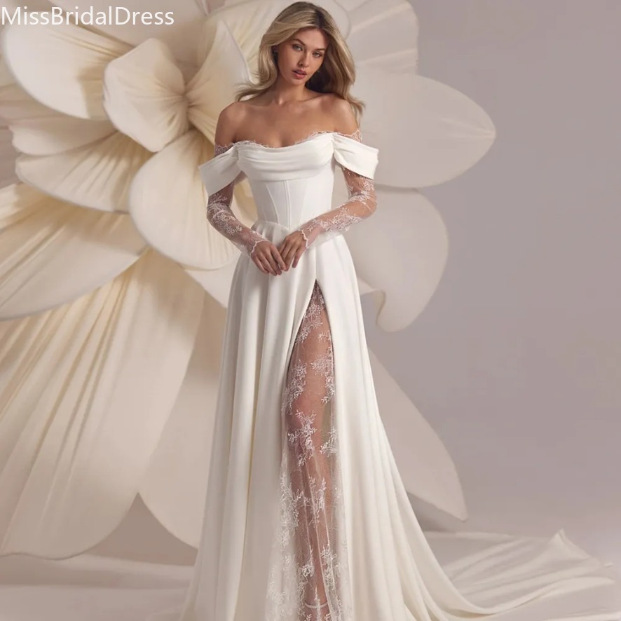Côté de la dentelle exquis division une robe de mariée en ligne robe nuptiale de l'épaule à manches longues robe de mariée en satin de mariage 09
