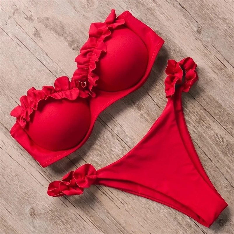 Sexy Ruffled Frilled Bra Cup Bikini 2025 Women Bandeau Swimsuit Female Swimwear Two Pieces Set Push Up Bathing Suit Swim y250920