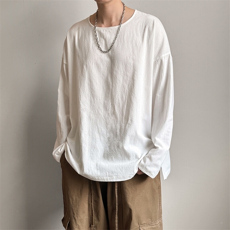 Printemps automne rond coule Tshirt en vrac hommes coton lin à manches longues mâles décontractés mâles confortables