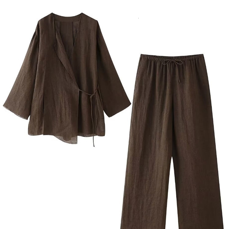 TRAFZA Spring Linen Suits For Women Fashion Linen Brown Cardigan Kimono Top Lace Up Wild Casual Womens Wide Leg Pant 250920
