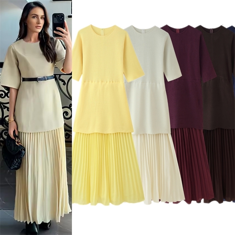 Fashion Patchwork Pleated Dress for Women Knitted Short Sleeve O Neck High Waist Vestidos 2025 Elegant Holiday Long Dresses 250920