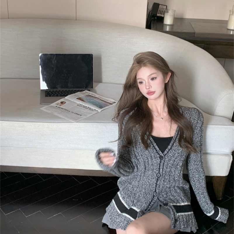 Cardigan vintage Femmes Lazy Style V couche en tricot ouvert ou ouvert Pull avant Y2K Bloc de couleur surdimension