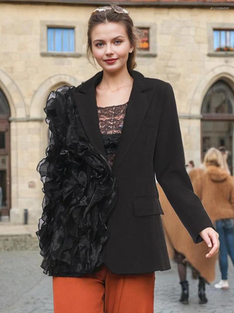 Women's Jackets Splicing Mesh Ruffled Long-sleeved High Street Loose Irregular Black Lapel Coat Fall And Winter 2025