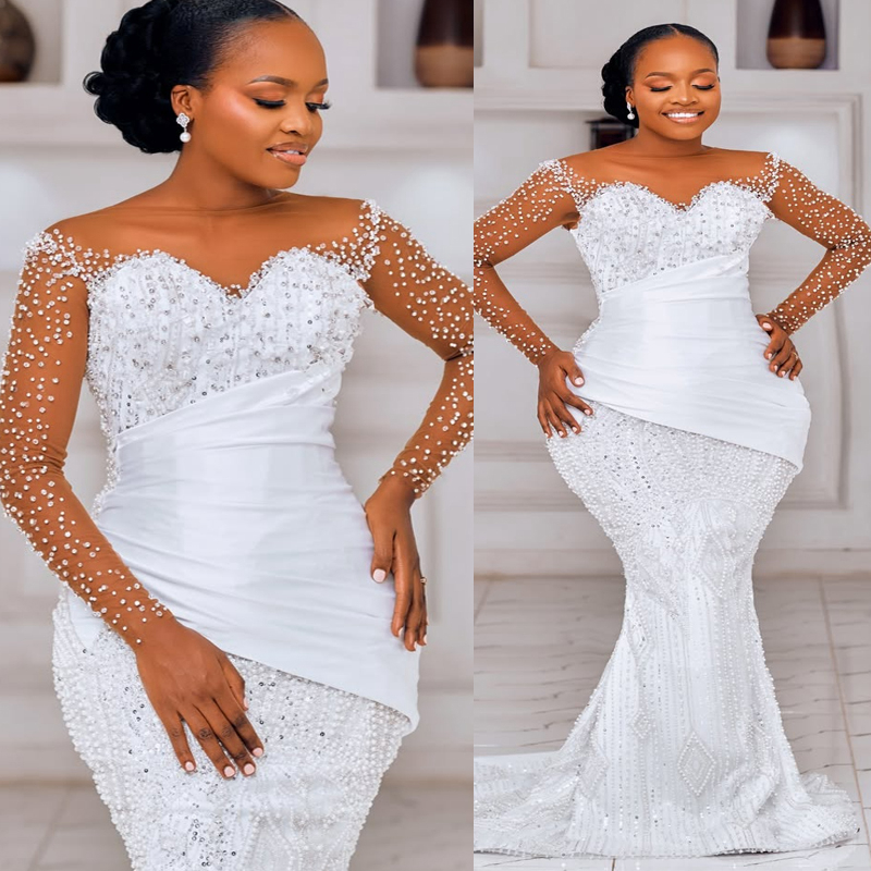 2025 Plus taille robe de mariée africaine robes nuptiales pour la mariée sirène illusion transparent le cou appliquée