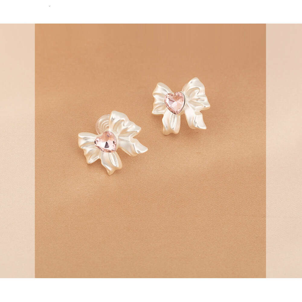 Pink Heart Bow Earrings Sweet Cool Style Fashionable Versatile Simple Niche Mosquito Coil Ear Clips Non-Pierced