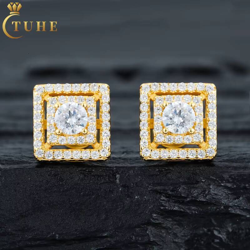 2025 Bijoux à chaud 925 Vvs Sterling VVS Moisanite Diamond Hollow 2 couches Boucles d'oreilles carrées étincelantes