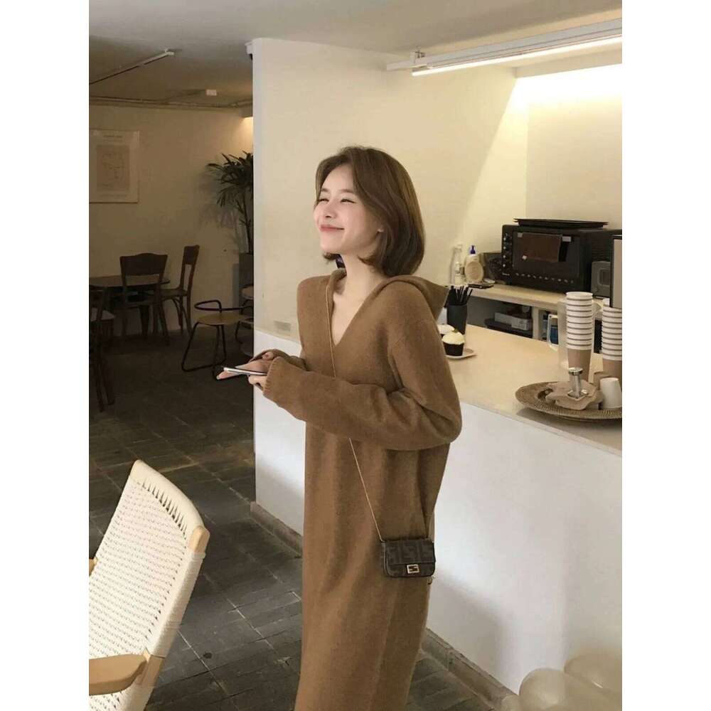 Autumn-Winter V-Neck Hooded Cashmere Sweater Women's Over The Knee Mid-Length Loose Lazy Woolen Hoodie Dress