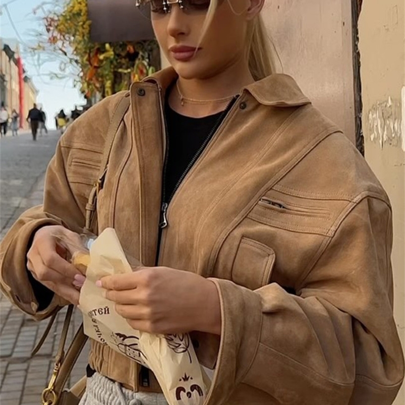 Solid Suede Zip Up Cropped Jacket Women Long Sleeve Pocket Oversized Fit Coat 2025 Autumn Leisure Street Fashion Lady Outerwears250920