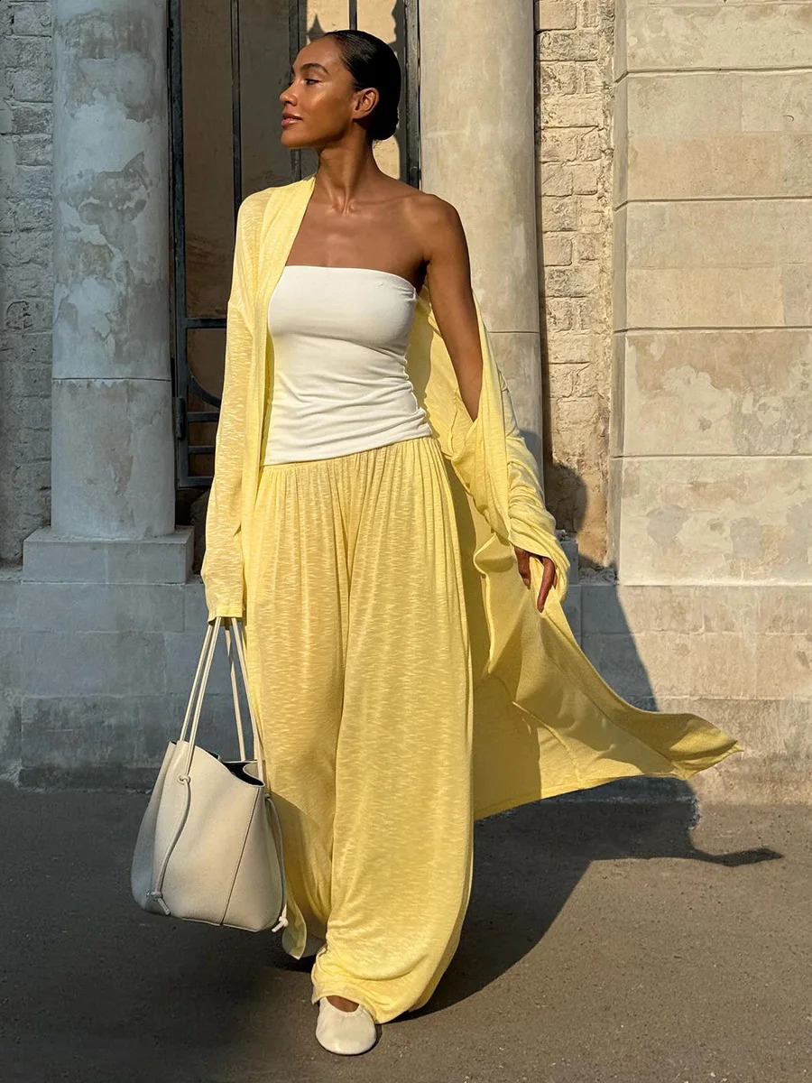 Wolfeel Womens Autumn Beachwear Long Sleeved Cardigan Set Thin Style Maxi Shawl Collar Wide Leg Trousers Set 250917
