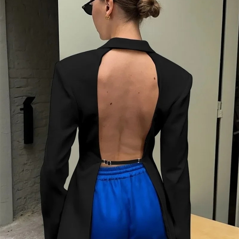 Elegant Womens Backless Black Suit 2025 Autumn Chic Long Sleeve Covered Buttons Hollow Out Blazers White Tops Coat Outerwear 250920