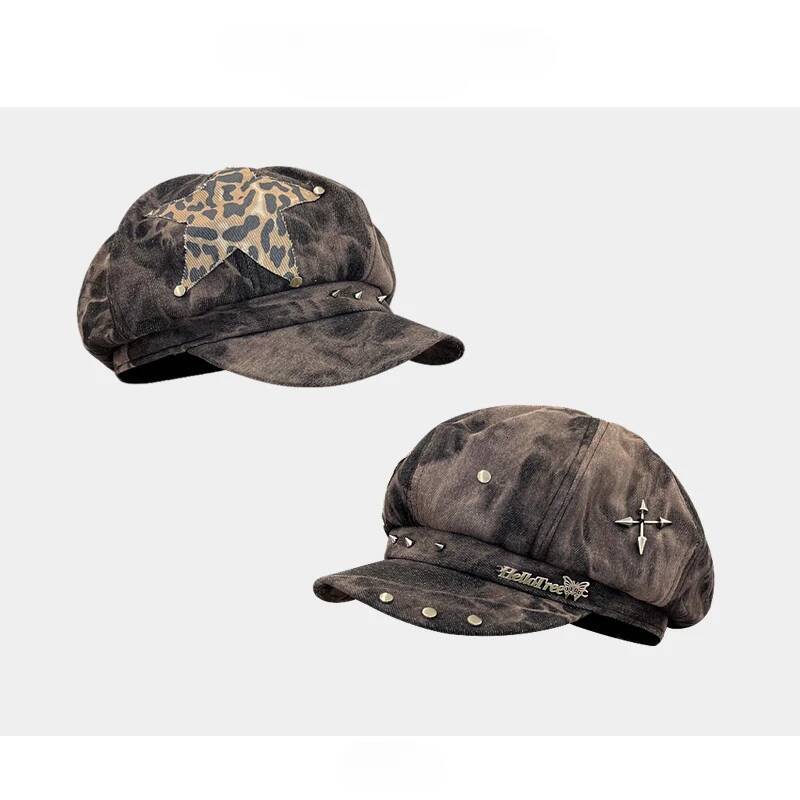 Punk Rivet Star Sticker Berets for Women Fashion Hip Hop Versatile Retro Tie-dye Newsboy Hats ddmythur