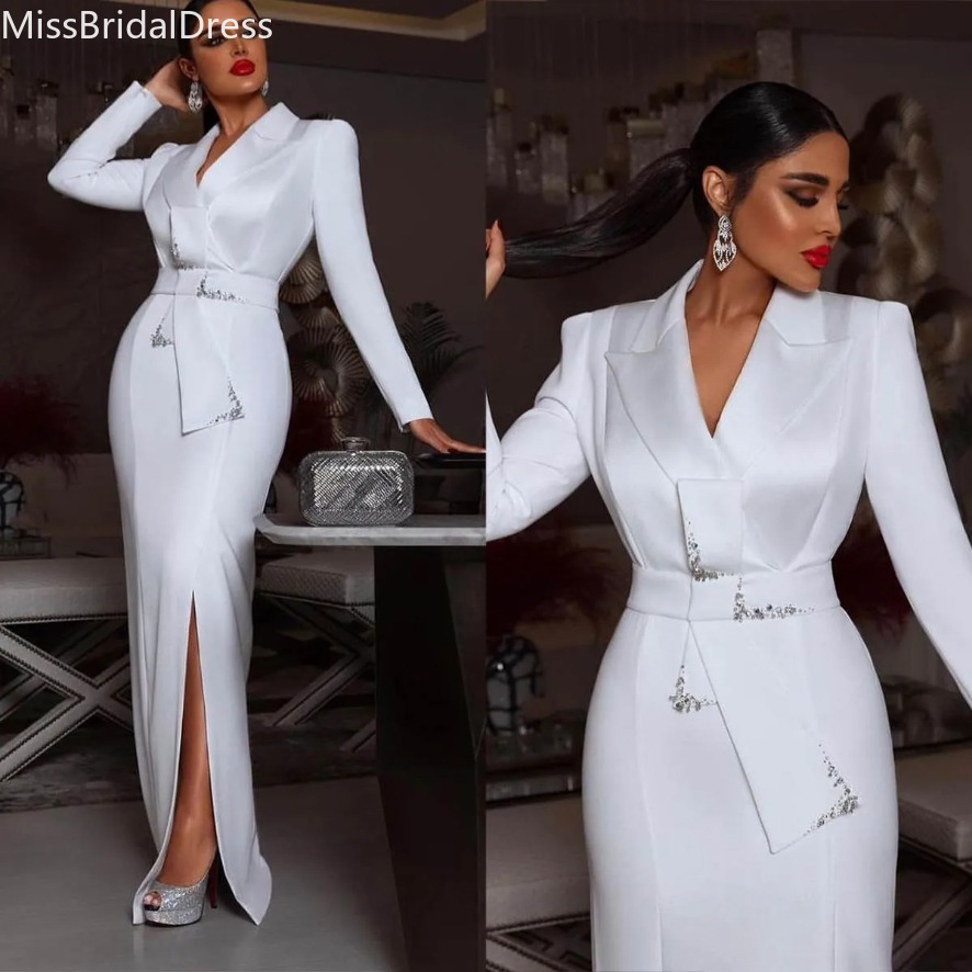 White Women Blazer Dress Plus Size Slim Jacket With Belt Prom Evening Guest Formal Wear Custom Made Satin 0922