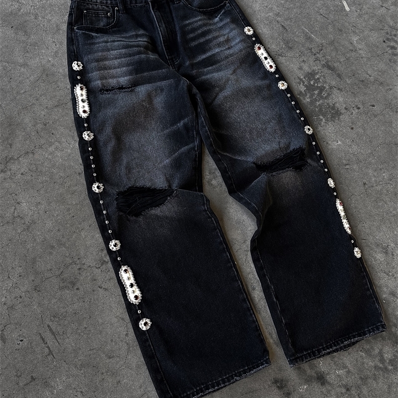 Punk Vintage Rhinestone Embellished Black Jeans Y2k American Style Streetwear Baggy Wide Leg Jeans Men Women Ripped Denim Pants 250920