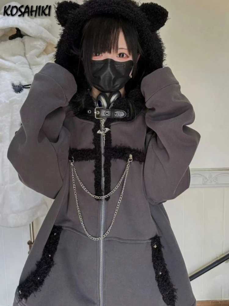 Japanese Kawaii Y2k Aesthetic Women Chain Gothic Cat Ears Hoodies Coat Patchwork Grunge Hoody Harajuku Vintage Zip Sweatshirts L250921J473