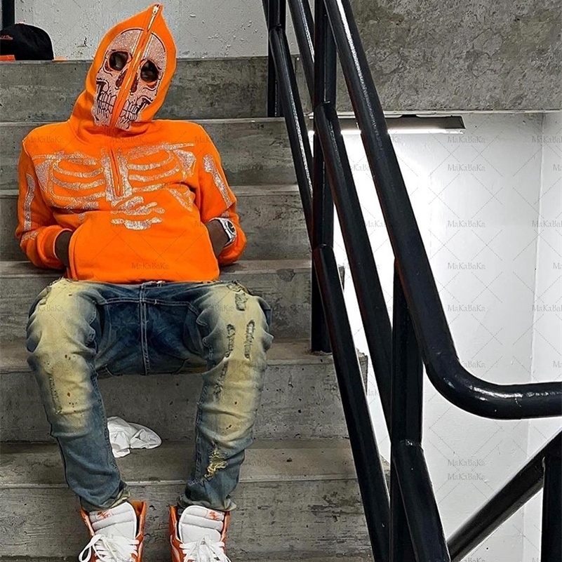 Y2k Man Clothing Rhinestone Skeleton full zip Oversized Sweatshirts Goth Zip Up Hoodies Grunge Hooded Jacket Streetwear 250920