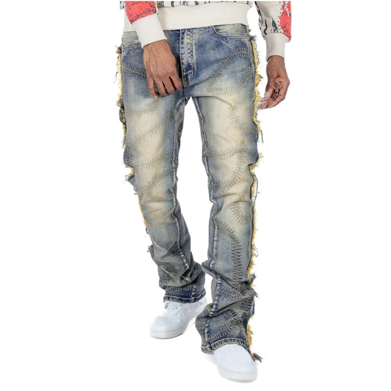 Bottoms de jeans de printemps pour hommes broderie de mode vintage streetwear denim long pantalon avec plusieurs poches décontractées y250921