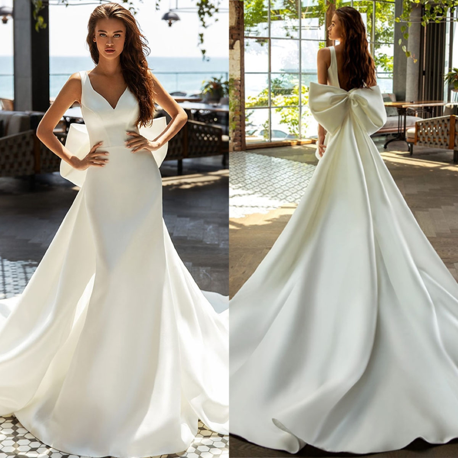 Vintage Satin Wedding Dresses A Line Princess Style V Neck Bridal Gowns with Back Bowknot Sweep Train Custom Made Beach Garden Dresses