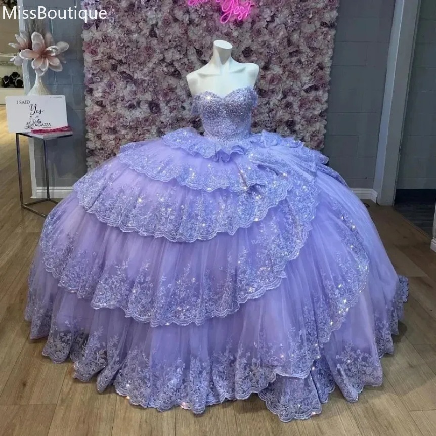 Lavande mexicain quinceanera robess de luxe applique perles en dentelle cristal bow tul vestidos 15 de anos corset lace up swee 16 robe 0922