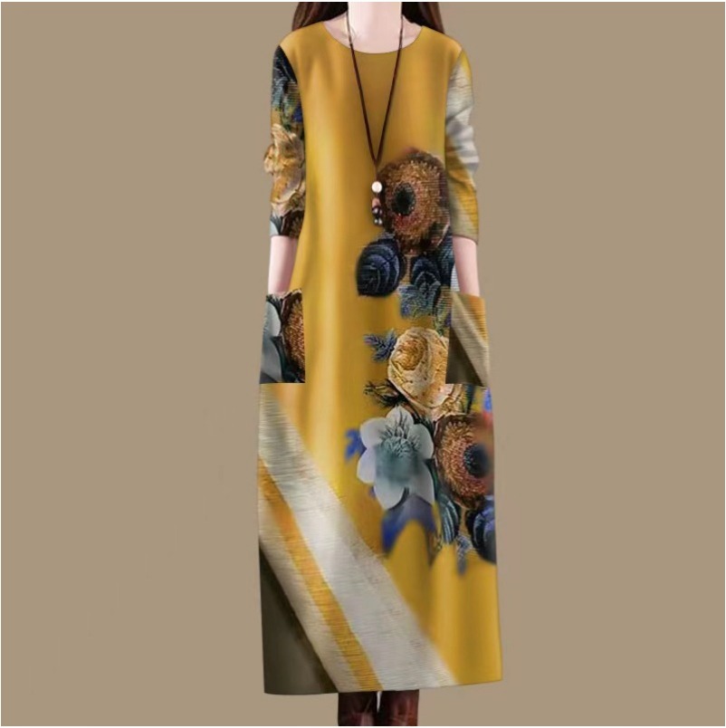 (1116) Spring and Autumn New Round Neck Printed Dress Slim Skirt