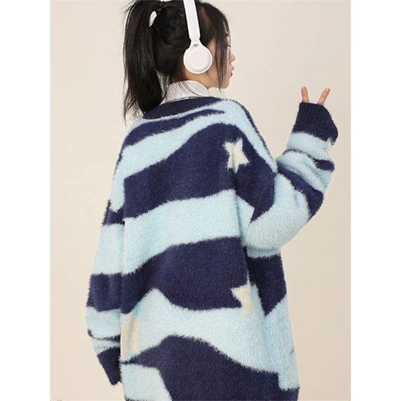 Harajuku Striped Knitted Cardigan Women Y2K Star Print Sweater Coat Streetwear Oversized Long Sleeve Jumpers Loose Knitwear Tops 250920