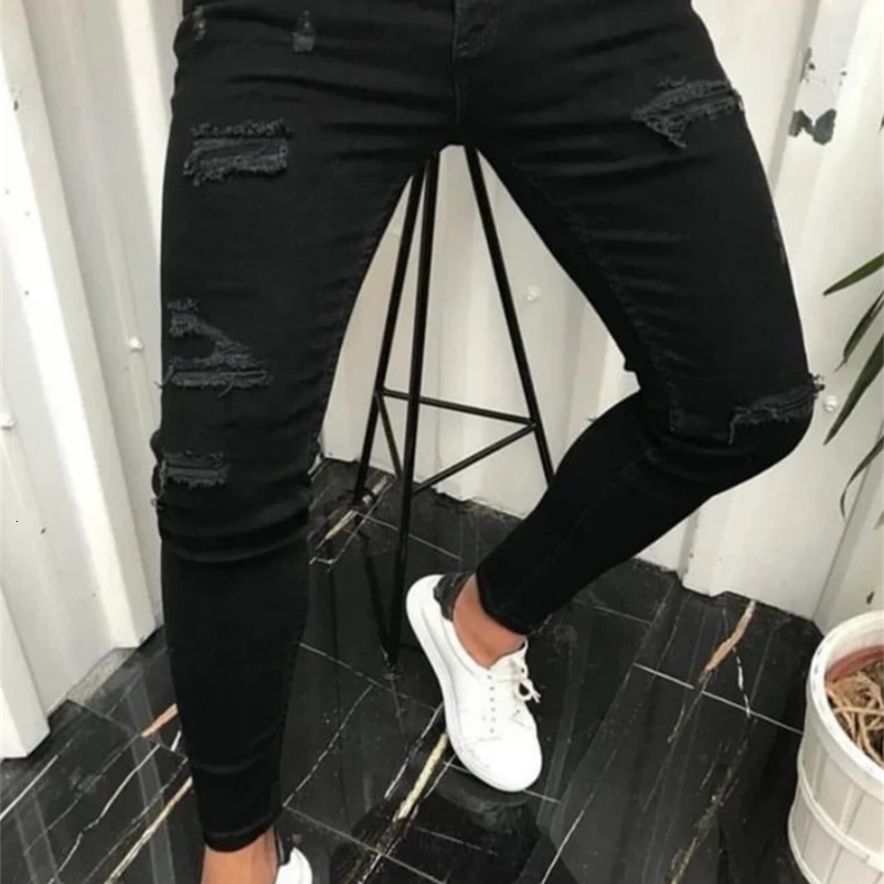 Stylish Street Style Men Hiphop Holes Stretch Slim Pencil Jeans Trousers Male Distressed Cotton Skinny Denim Pants 250920