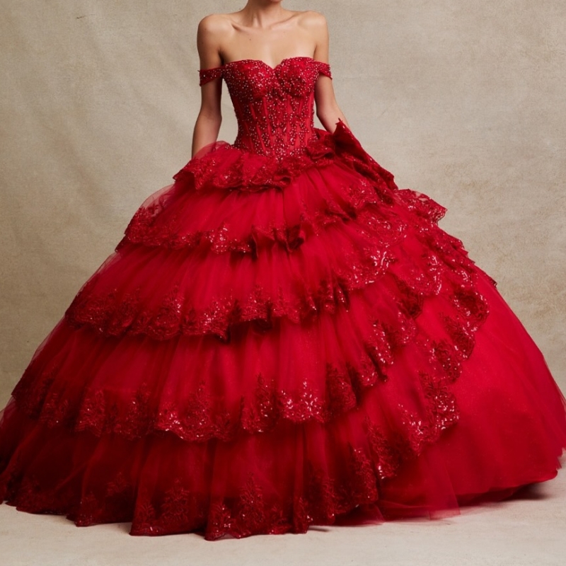 Red Shiny Quinceanera Dresses Off The Shoulder Applique Lace Beading Tiered Tull Corset Party Birthday Sweet 16 Dress Vestidos 15 De Anos
