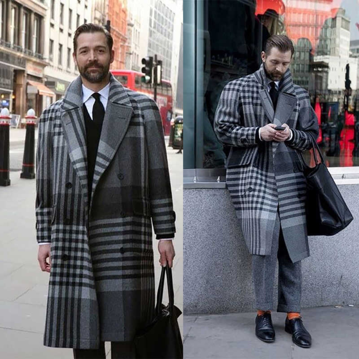 Classic Plaid 1 Piece Men Coat Double Breasted Warm Autumn Winter Long Overcoat Casual Outerwear Commute Customized