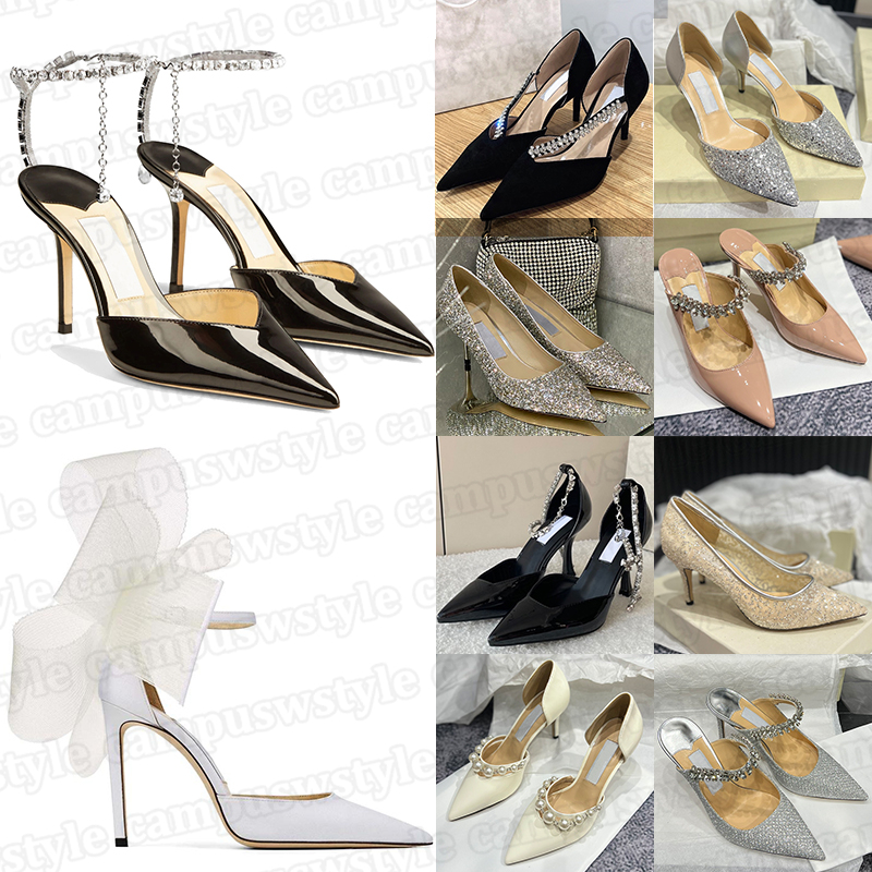 Designer dress shoes with box for women classic wedding party high heel rhinestone chains stiletto heels