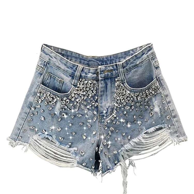 DEAT Womens Short Jeans High Waist Distressed Diamonds Tassel Loose Wide Leg Denim Shorts Summer Fashion 29L1776 250920