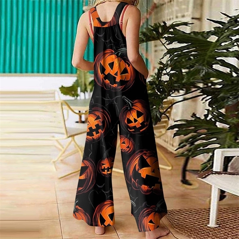 Halloween Theme Overalls Jumpsuit Women Fashion Print Bat Ghost Spider Web Pumpkin Head Solid Color Casual Loose Retro y250920