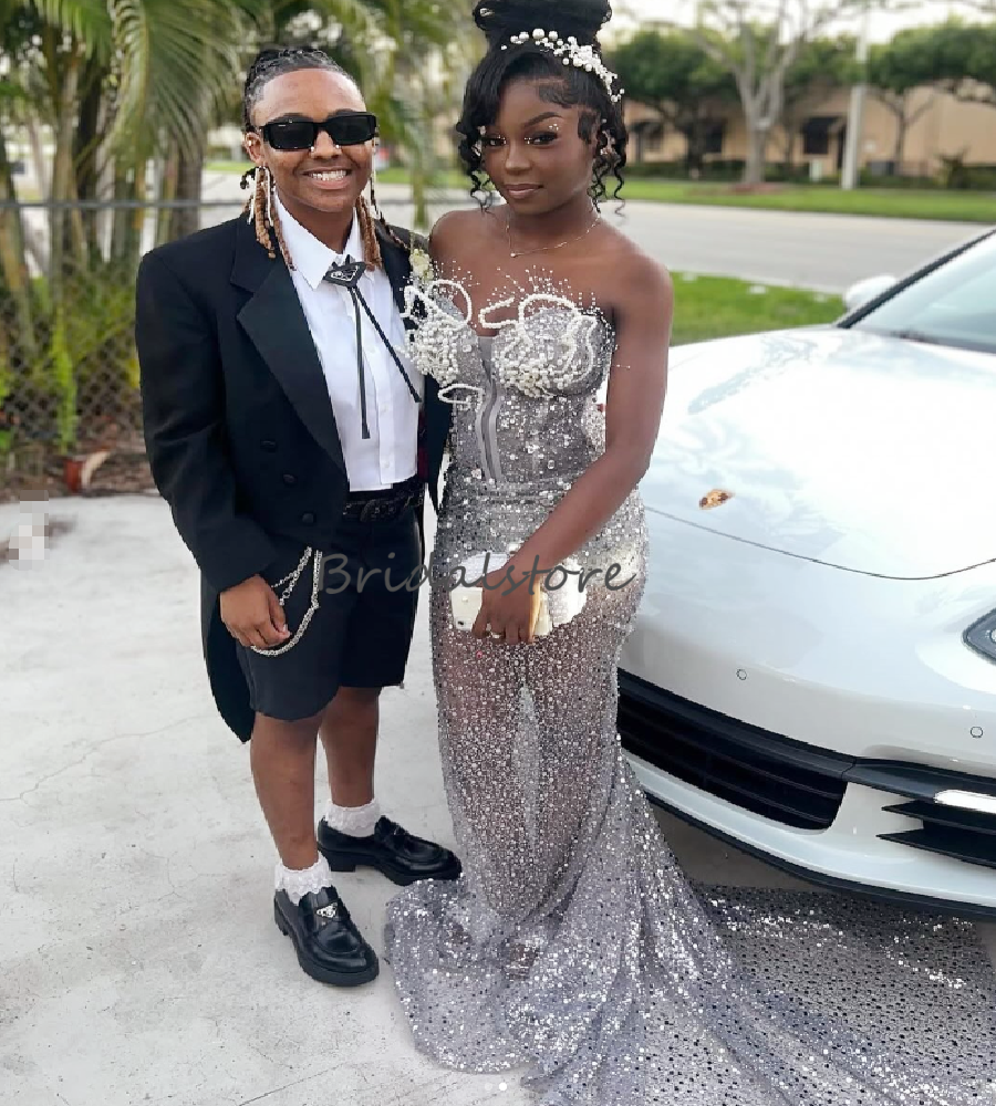 Luxury Black Girls Sequin Prom Dress With Beaded Sparkly Mermaid Aso Ebi Evening Gowns Sweetheart Birthday Formal Wear Special Occasion Vestio De